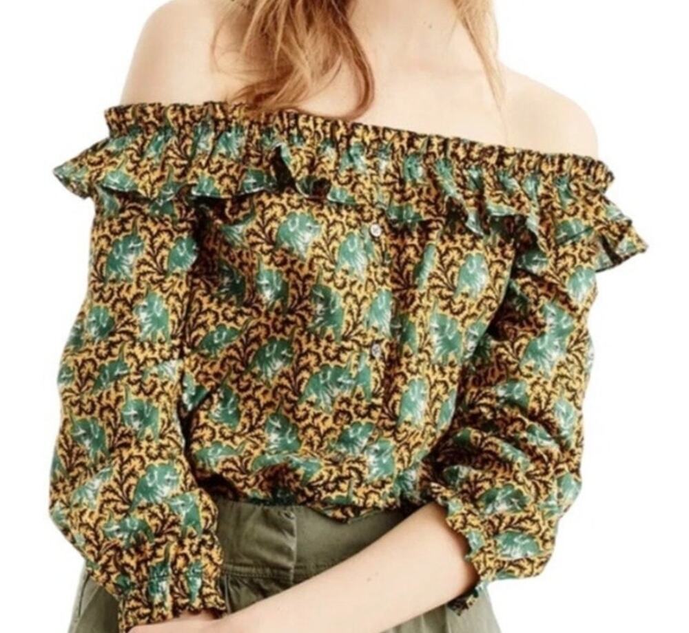🔥 J. Crew Ratti Elephant Print off the Shoulder Top Blouse in Yellow Size 4